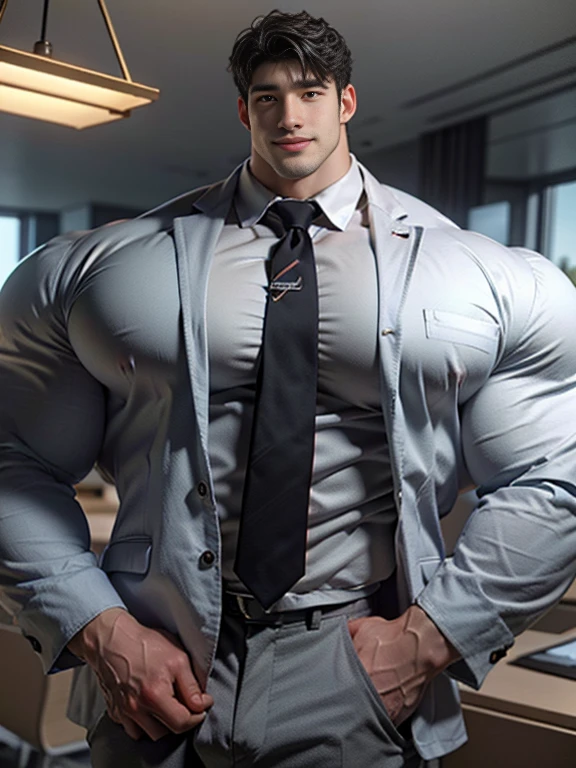 (best quality:1.5, hyperrealistic:1.5, photorealistic:1.4, madly detailed CG unity 8k wallpaper:1.5, masterpiece:1.3, enthusiastically detailed photo:1.2), (hyper-realistic lifelike texture:1.4), highly detailed, ((masterpiece, best quality)) ,extremely detailed 8K wallpaper, 1 korean male, (korean man with k-pop idol look), 20yo, handsome, detailed face, heavy muscular, stubble, sexy and masculine, formal tailored suit & pants, prominent bulge, photo real, illuminating light, big, brutalmass, giant, muscular bodybuilder, bulk, massive body, large size, smile, office