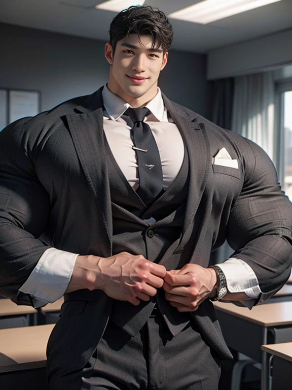 (best quality:1.5, hyperrealistic:1.5, photorealistic:1.4, madly detailed CG unity 8k wallpaper:1.5, masterpiece:1.3, enthusiastically detailed photo:1.2), (hyper-realistic lifelike texture:1.4), highly detailed, ((masterpiece, best quality)) ,extremely detailed 8K wallpaper, 1 korean male, (korean man with k-pop idol look), 20yo, handsome, detailed face, heavy muscular, stubble, sexy and masculine, formal tailored suit & pants, prominent bulge, photo real, illuminating light, big, brutalmass, giant, muscular bodybuilder, bulk, massive body, large size, smile, office