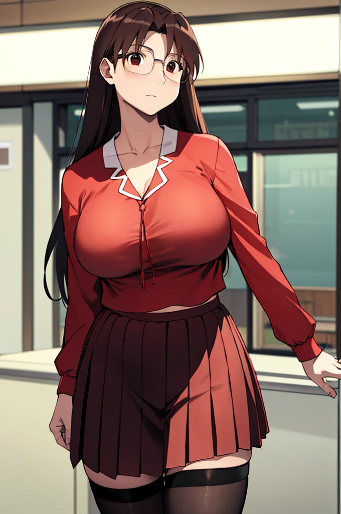 absurdres, highres, ultra detailed, high quality, (1girl:1.3), azumanga daioh's , huge breasts, brown eyes, brown hair, glasses, mizuhara koyomi, azumanga daioh, long hair, long sleeves, pink shirt, pleated skirt, red skirt, , serafuku, frown, wide hips, thighhighs, breast curtains, curvy, no bra, gigantic breasts, thick thighs, thighs, classroom, masterpiece, collarbone, large breasts, blush, indoors, blurry background, large hips, huge butt, embarassed pose