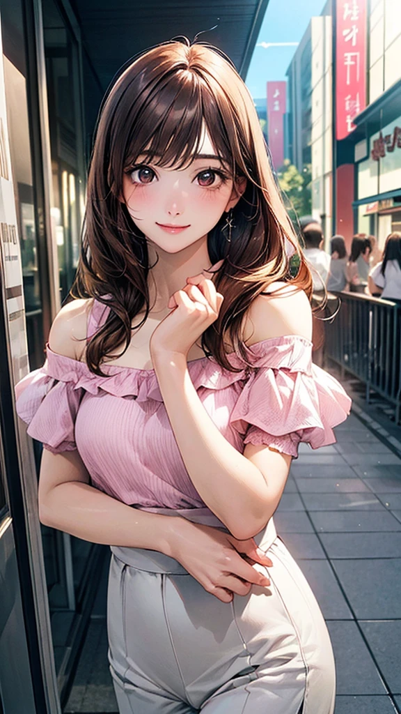 (masterpiece:1.2, highest quality), (Realistic, photoRealistic:1.4), Beautiful illustrations, (Natural Side Lighting, Cinema Lighting), Browsing Caution,
View your viewers, 1 girl, Japanese, high school girl, Perfect Face, Cute and symmetrical face, Shiny skin,
(Long Hair:1.5, Straight hair:1.4, Wine brown hair), Swept-apart bangs,Long Eyelashes, (Medium chest), thin,
Beautiful Hair, Beautiful Face, Beautiful fine details, Beautiful clavicle, Beautiful body, Beautiful breasts, Beautiful thighs, Beautiful feet, Beautiful fingers,
((Pink off-shoulder top with puff sleeves, short sleeves, girly, White Culottes)),
(Beautiful views), evening, (Shopping mall), walking, (Cute smile, Upward glance),
