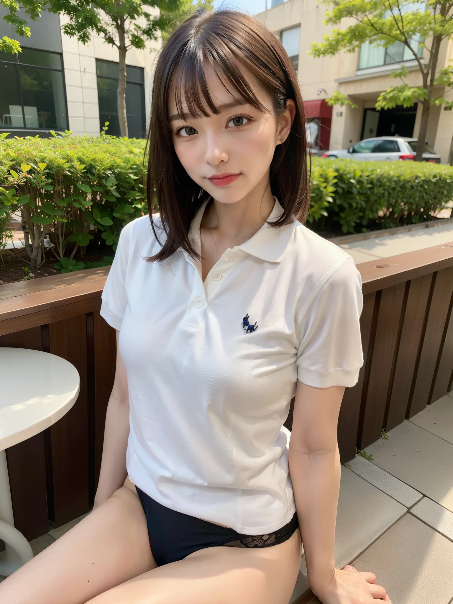 ((Best of the highest quality, 8k, Masterpiece: 1.3, raw photo)), Sharp focus: 1.2, (1 AESPA, slim body type female, 21 y/o: 1.1), (Solo: 1.2), (realistic, photo-realistic:1.37), face focus, cute face, finely eyes, (small breasts, flat chest, Thigh: 1.3), (short messy hair, bangs: 1.28), (polo shirt, panties: 1.32), sitting terrace dining, sun light, flower