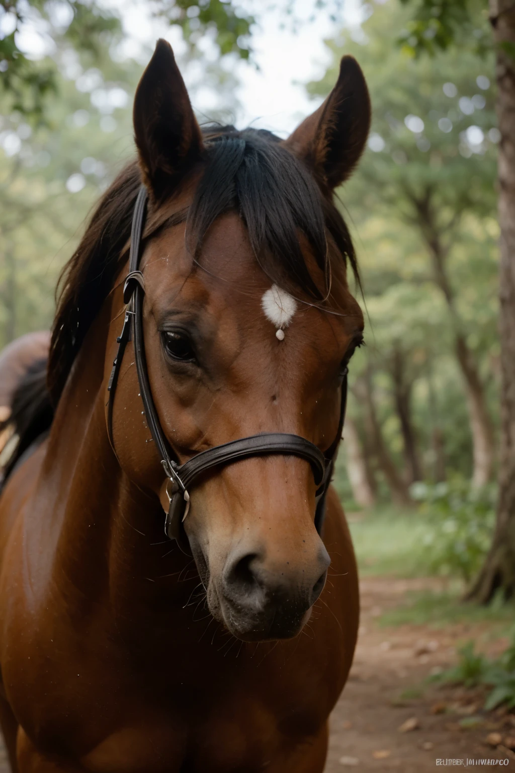 caballo pelaje 
negro, caballo bonito, mirada profunda, parado de medio lado , en medio de un bosque








