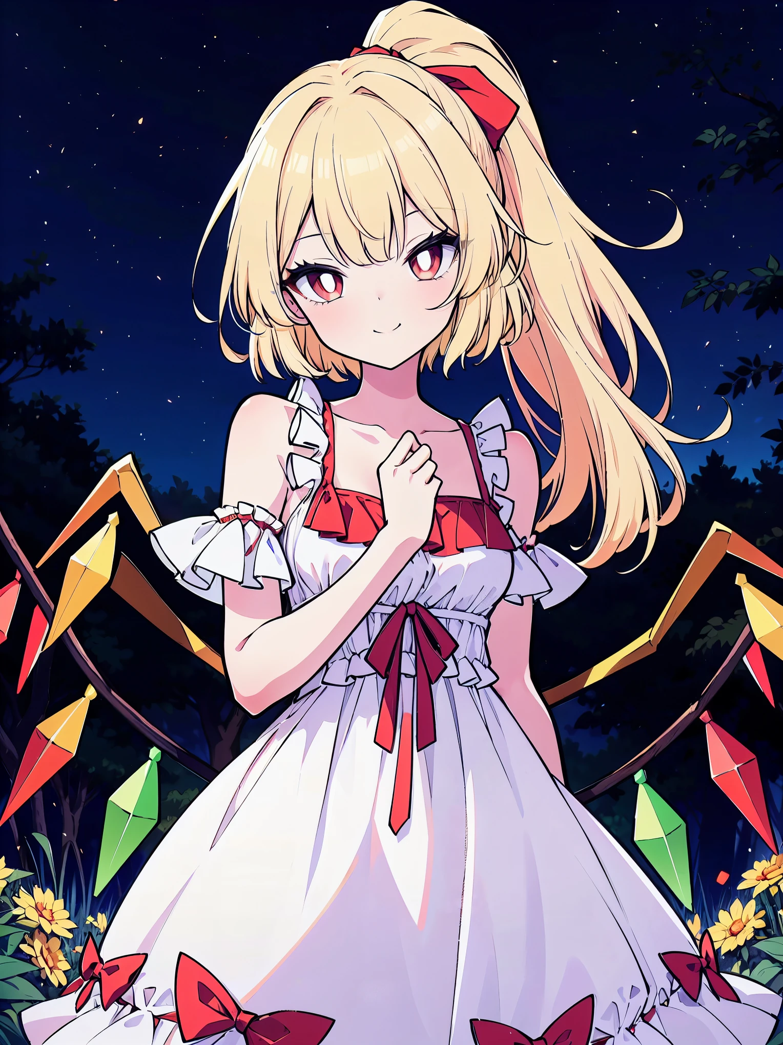 (cowboy shot), (colorful:1.1), vibrant color, (ultra-high resolution, depth of field:1.2), Touhou project, (Flandre scarlet), (1woman), in her 20s, (medium breasts:1.4), (red eyes), white pupils, glowing eyes, (blonde hair), (forehead), ponytail, (bangs), red ribbon, (white sundress:1.4), (wearing a white sundress), frills, off shoulders, long skirt, seductive smile, (grinning), squinting eyes, head slightly tilting to the side, garden scenery, night