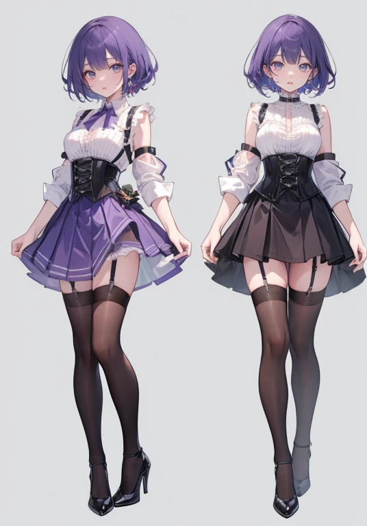 Purple Hair,Shortcuts,Adult female,bartender,((Body Harness)),((Rolling up your sleevesＹshirt)),(corset),mini skirt(Short skirt),((garter belt)),High heels,((Simple Background)),smile,((Full Body)),((full body)),((whole body)),Character Sheet,