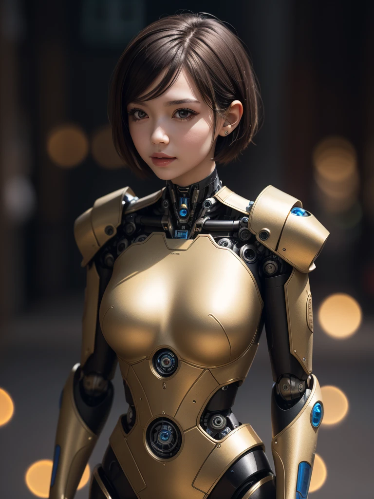 (((robot-girl,Short hair details,Metallic body,she is a doctor))).Warm family background,Background bokeh