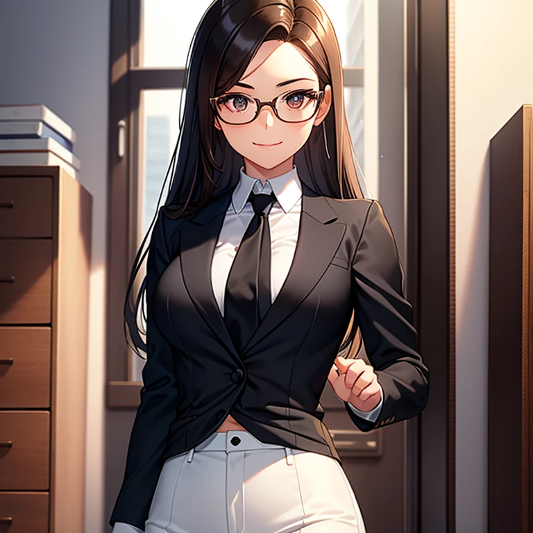 masterpiece, best quality, high resolution, UHD, 8k, ((cowboy shot)), BREAK, 1 girl, ((girl style anime)), Glossy skin,  rounded eye, beautiful eyelash, realistic eye, beautiful woman,  brown ligth hair, long hair,  with white highlights, slicked-back haircut,  perfect body, , wearing black glasses, BREAK, detailed clothes, beautiful face, wearing  in black close formal suit  with a white shirt, red tie, black pants, BREAK, standing touching his glasses with a weak smile, in an office with many papers and folders and a small statue of justice.