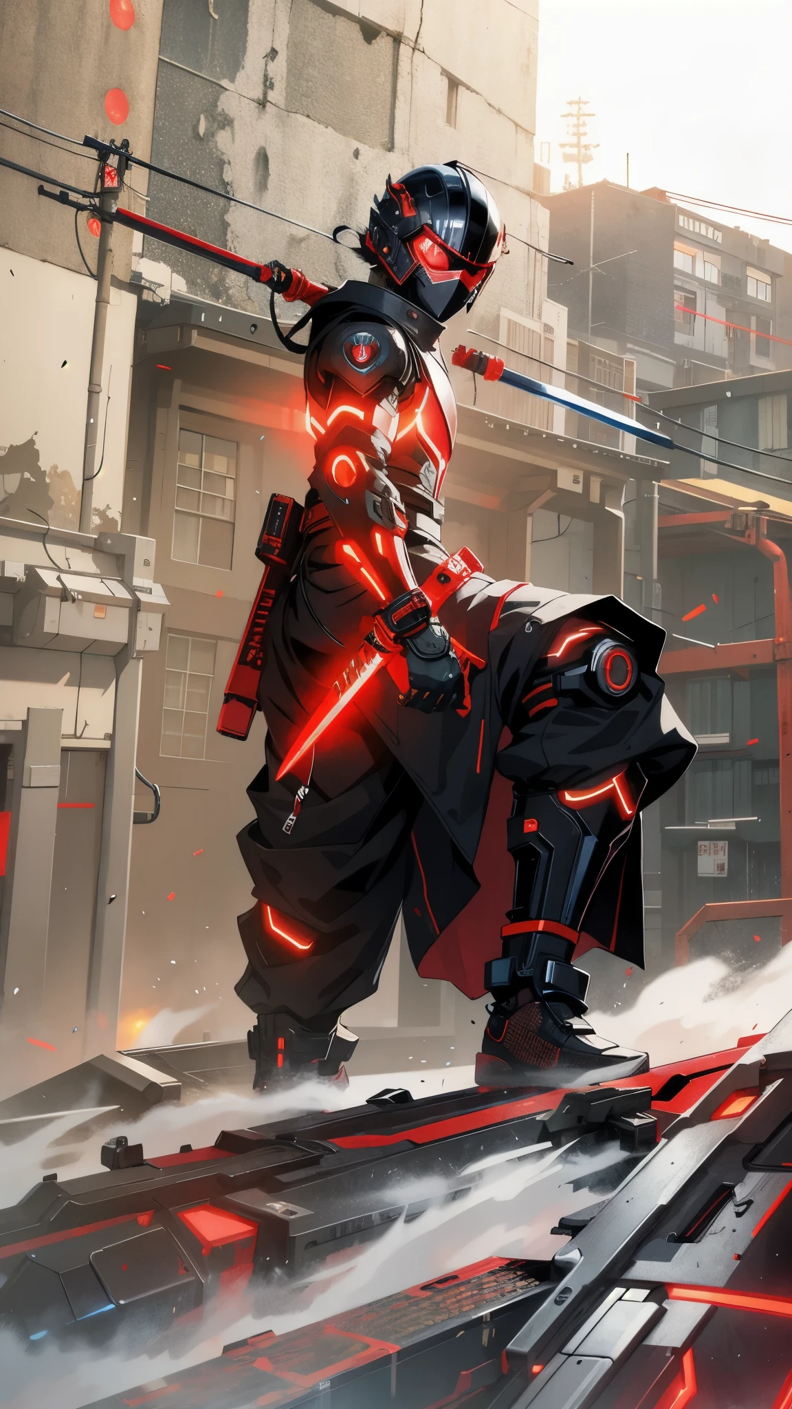 1Boy, cyber ninja, Cyberpunk armor, cyber helmet, red visor, Neon red glow, ((red electric swords,)) Ninja in a city in Ruins best quality ultra-detailed, illustration, Masterwork, dynamic lighting, cinematic lighting