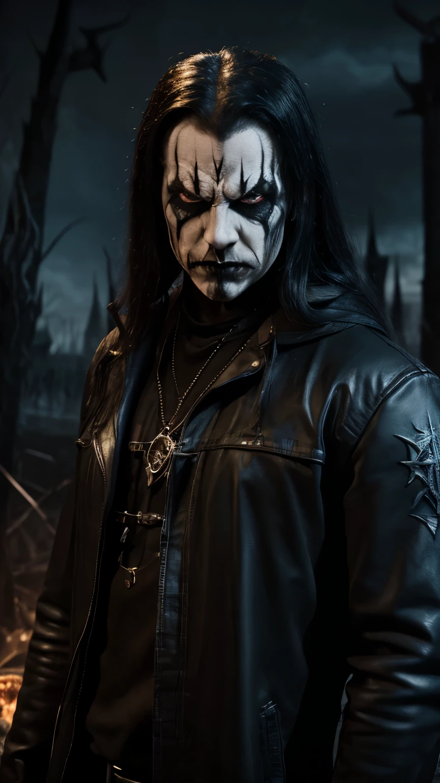 (masterpiece, best quality:1.2), (((1man, male))) , solo, highres, best quality, Half body shot of a strong Man, pale white skin angry man with (((black metal corpsy paint))), ((Angry face)) , heavy White and Black face paint, wearing a black overcoat, spike, in a gothic cemitery, at night, horror movie. high details, super detail, textured skin, masterpiece, UHD, 4K, 8k. ((Cinematic lighting)). Gothic cemitery background 