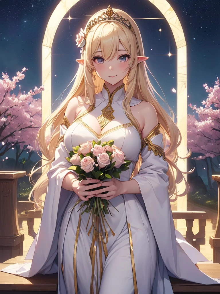 最high quality、Best image quality、masterpiece、Beautiful Face、Super beautiful elf girl((22 year old office lady with big breasts、Bust 90,Beautiful long ironed hair、blonde、height: 165cm。thin、sexy、Esbian、Beautiful tiara、night、high quality、美しいart、((a lotの美しい白Roseのflower束))、celebration、Congratulations、Byzantineモザイクart、Decoration、canopy、canopy、background((星nullスキー)))Pieces fly、ビジュアルart、Written boundary depth、、Elf Ears、、Lightのmagic、universe、Happy smile、穏やかなLight、Elven Forest、Rose、、elegant、ティッカー 美しい Decoration的、 Rosa、Rose、flower瓶magicのflower、flowerを作るmagic、Light、 null、Beautiful dressy、Beautiful dress、table、giant galaxy、myth、art、、sexy、A kind smile、wonderful、cherry blossoms、舞い散るflowerびら、、universeのmagic、magicのLight、Fantasy、flower、super REALITYa lotのRose、magic、universeを飛ぶ、、Grow Fantasy、、mysteryのLight、Byzantine、Art Nouveau、Alphonse a lot、、art、art,mystery,Ultra-high resolution,magicalgentle light,sexy、