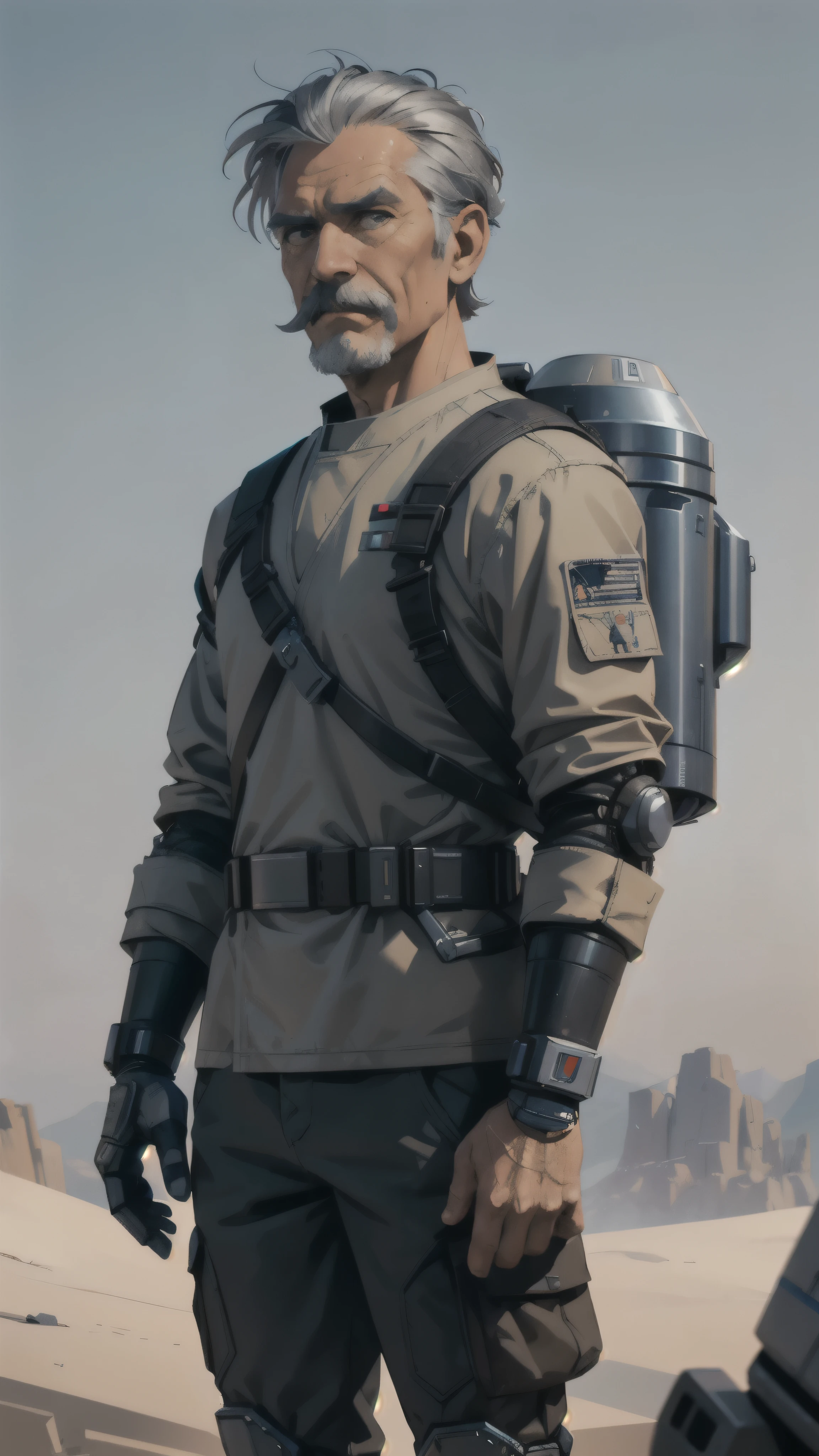 1 star wars doctor, old man, short gray hair, gray mustache, rugged clothes, rugged star wars backpack, detailed face, one robotic cyber arm, vintage, rustic, short hair, wind blowing hair, early morning, barren field, depth of field