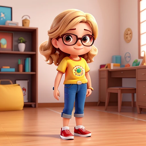 Linda de 38 anos, camiseta amarela, wave her hand, huge head, Fotografando cabelo cortado , Wearing gold-plated thin-framed round glasses, olhos altamente detalhados,fachada, corpo em forma, Full body view, Very detailed hands ,figuras de brinquedos,Best quality at best, 3 d desenho animado,Full body view, Fantastic, sonhar sorrindo, Realismo ultra-realista, super adorable, Hot topics on artstation