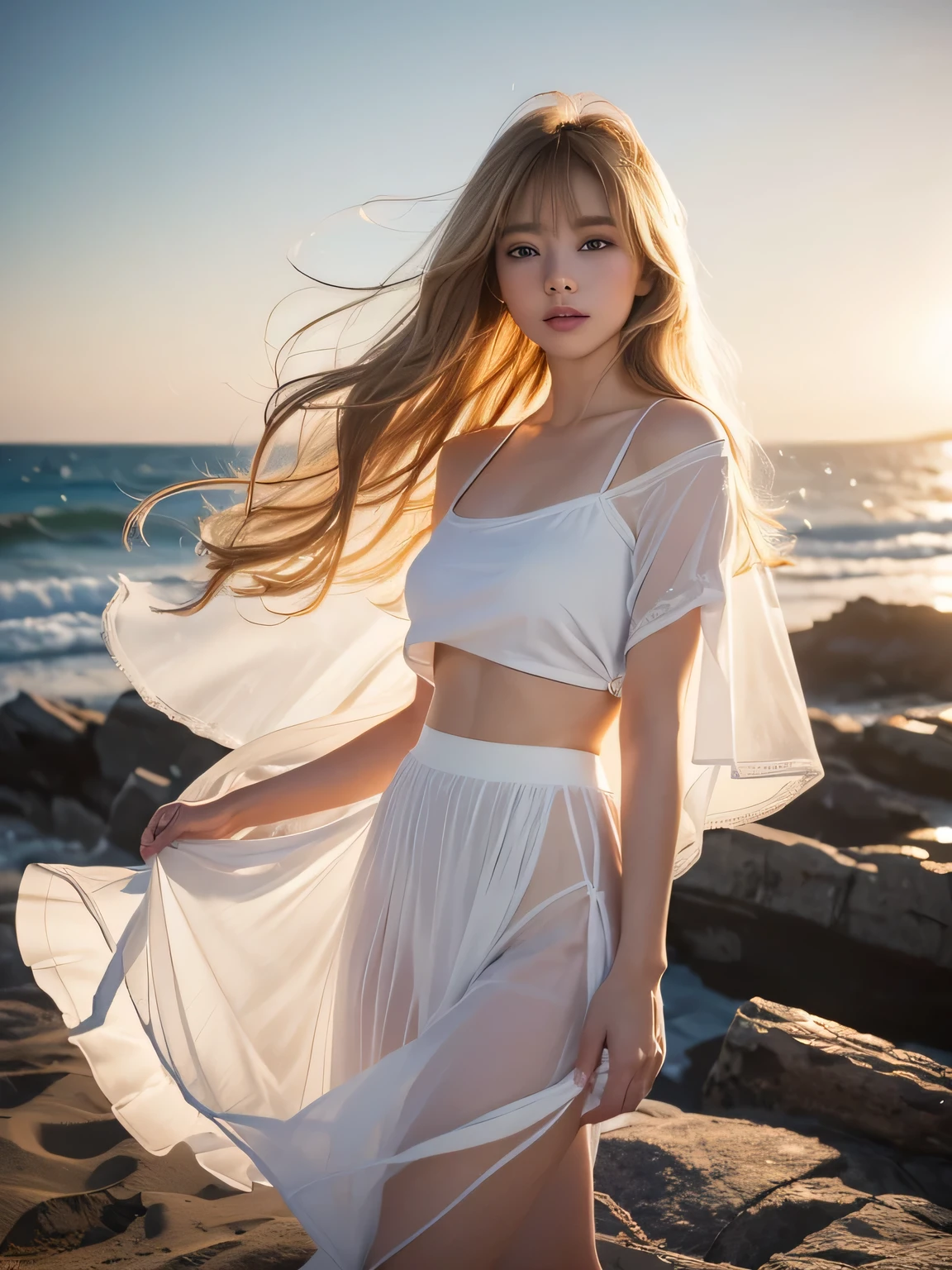 8K, Photographic images, masterpiece, 最high quality, Super-resolution,Low angle image, Beauty with golden curly hair, ((BlondeBeauty)), With bangs, Impossibly cute face, And slim, Small breasts, high quality, T Masterpiece, Exquisite Function, Delicate eye, delicate golden hair, 8K quality, Pale light and shadow, Dindal effect, disheveled golden hair, With bangs,(logo、masterpiece、8k、Tabletop、RAW Photos、wonderful、最high quality、Photorealistic and very detailed CG synthesis 8k wallpaper、high quality、Very detailed、Narrative poem、Particle Effects、Dynamic Effects、Written boundary depth、Cinematic Light、Lens flare、Ray Tracing)、Fantasy、Angle from the front ground、Standing full body image、 (One beautiful woman、Strong Wind、The skirt is being lifted up by the wind、Panty shot、See-through T-shirt、A slightly see-through white long skirt、Erotic underwear is visible through、Tube top、Crop top、High heels、Blonde、Beautiful Face、True Face、Beautiful details、eye、Beautiful Skin、Ultimate Body、glamorouy skirt flutters in the wind、Hair flutters in Wind、Hair bounces、bedroom、Wonderful views、Coastal、sunrise、Sun in the background、Wind、