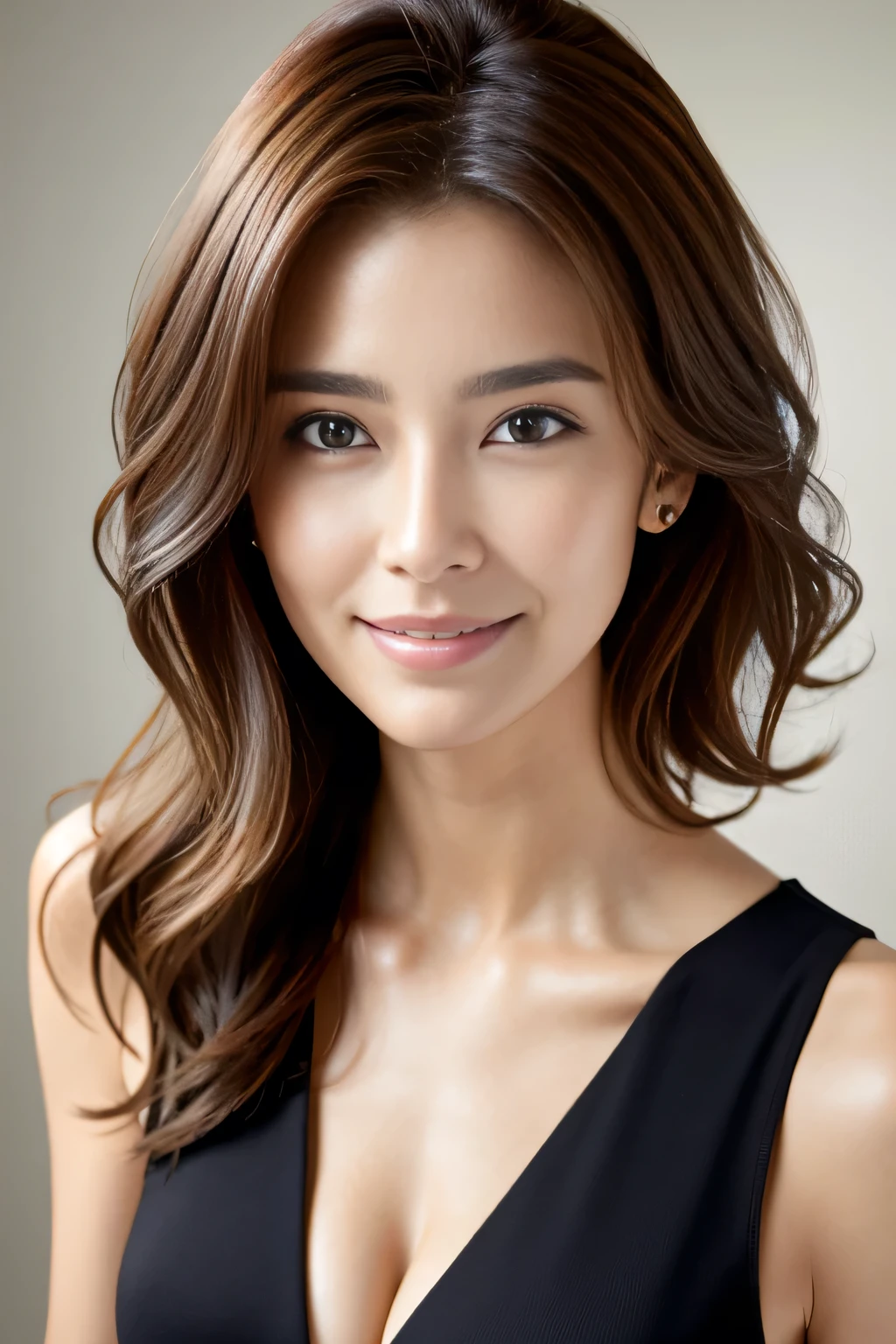 Tabletop, highest quality, Realistic, Very detailed, finely, High resolution, 8k wallpaper, One beautiful woman,, Light brown messy hair, He is wearing a black see-through open-necked shirt.。....., Sharp focus, Perfect dynamic composition, Beautiful and detailed, Thinning hair, Detailed Realistic skin texture, smile, Close-up portrait, Model Body Type、president'secretary、mini skirt、High heels、