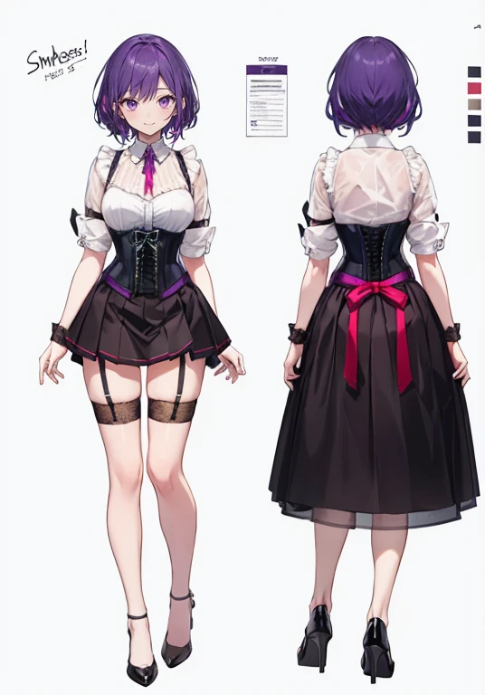 Purple Hair,Shortcuts,Adult female,bartender,((Body Harness)),((Rolling up your sleevesYshirt)),(corset),mini skirt(Short skirt),((garter belt)),High heels,((Simple Background)),smile,((Full Body)),((full body)),((whole body)),Character Sheet,