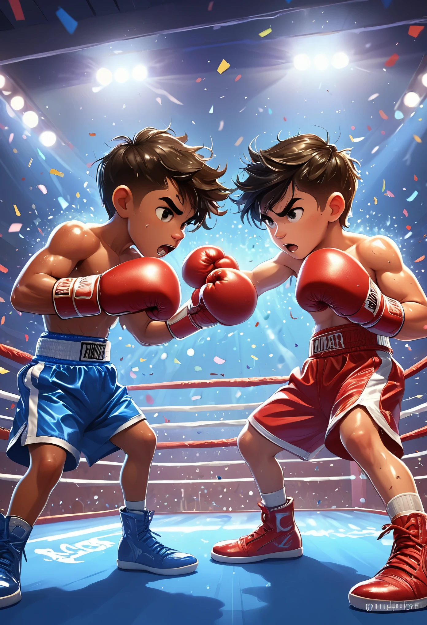 a cartoon image of two boys boxing in a ring, Drew Tucker（Drew Tucker）Digital rendering of, cg Social Hotspot, Process art, boxing match, boxing, game illustration, in a boxing ring, struggle battle, YouTube thumbnail, struggles, boxing ring, official art, Ink art brawlstars, fist struggle, struggle, official artwork, Gold gloves, Game Art，muscle，Colorful confetti in the air