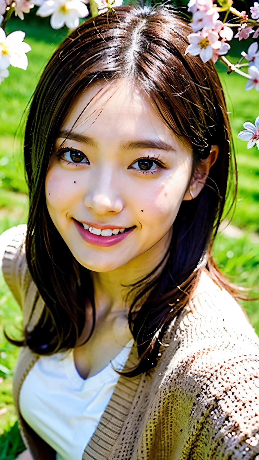 highest quality, Ultra-high resolution, (Realistic:1.4), Under the cherry trees in spring、Woman looking up at the camera and smiling。She is wearing a white blouse and a pleated skirt.、Over that she wears a loose cardigan。Cherry blossoms fluttering around、The background is a bright green grassland。The images have a bright and refreshing feel.、It is shot from an overhead perspective。In high resolution、Spring warmth and flowers々The delicate colors of。