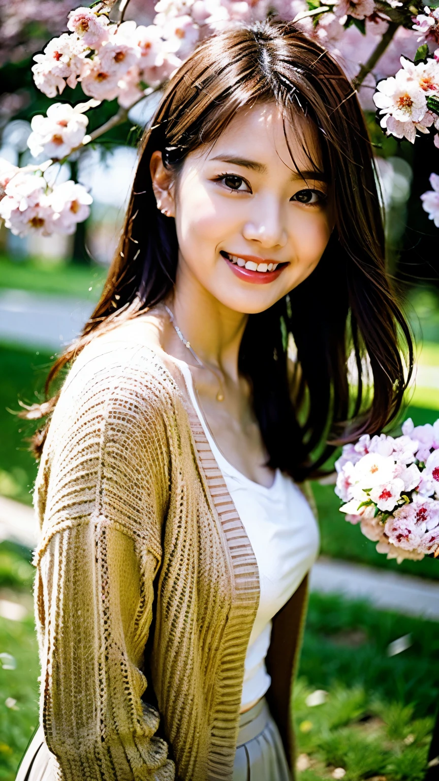 highest quality, Ultra-high resolution, (Realistic:1.4), Under the cherry trees in spring、Woman looking up at the camera and smiling。She is wearing a white blouse and a pleated skirt.、Over that she wears a loose cardigan。Cherry blossoms fluttering around、The background is a bright green grassland。The images have a bright and refreshing feel.、It is shot from an overhead perspective。In high resolution、Spring warmth and flowers々The delicate colors of。