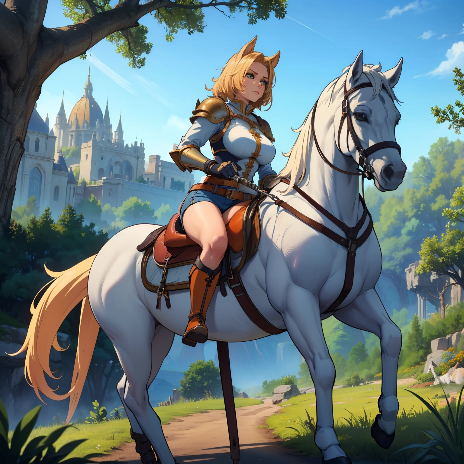 ((best quality)), ((anime masterpiece)), (detailed), cinematic lighting, vivid color, 8k, perfect face, large breast, a female knight riding a walking white horse in the woods+, (blue armor, orange shorts, leather boots), (white horse, saddle, stirups, reins: 1.5)++, forest, scenery, from side: 1.5, anatomically correct,