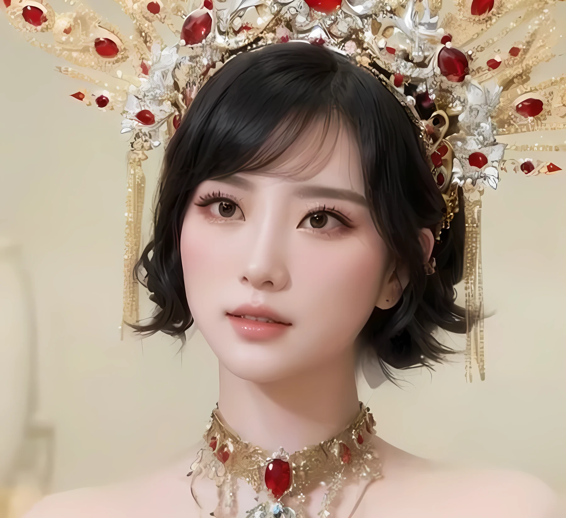 un primer plano de una mujer que llevaba una corbata con un collar y un collar, a beautiful fantasy empress, ((a beautiful fantasy empress)), inspirado en Jin Nong, emperatriz china, reina del mar mu yanling, adorno de joyas sobre la frente, magnificent and huge head decorations, ultra realistic fantasy tiara, sun yunjoo, peinado de corte hime blanco