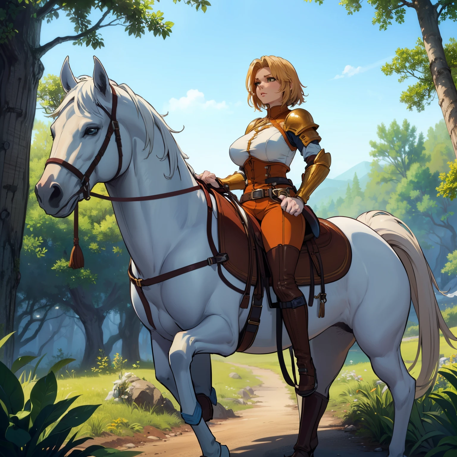 ((best quality)), ((anime masterpiece)), (detailed), cinematic lighting, vivid color, 8k, perfect face, large breast, a female knight riding a walking white horse in the woods+, (blue armor, orange shorts, leather boots), (white horse, saddle, stirups, reins: 1.5)++, forest, scenery, from side: 1.5, anatomically correct,