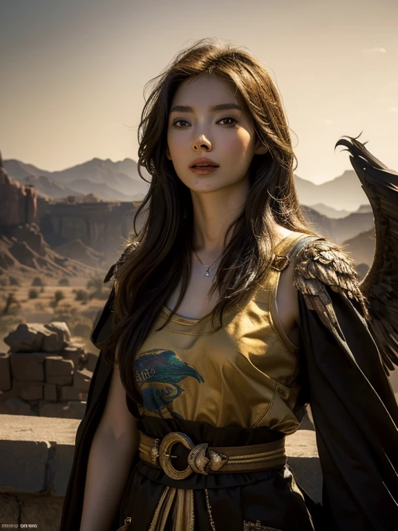 Oil, highest quality, masterpiece, Ultra-high resolution, Giant and Raptor and Beautiful Woman,Phoenix,Vulture,
