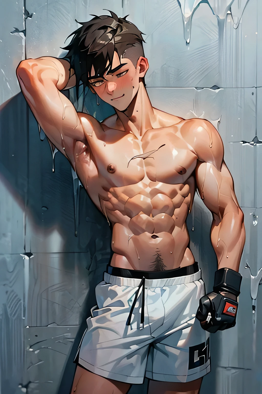 a shirtless tired smile 19-year old handsome caucasian male in faded haircut, mma gloves, white fighting shorts, cute, handsome face, six-pack abs, beautiful body, well-defined body, sweating profusely, dripping sweat, drenched with sweat, panting, exhausted, turn around, hands behind head, on the wall