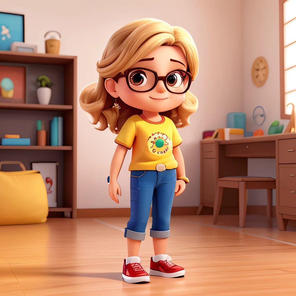 Linda de 38 anos, camiseta amarela, wave her hand, huge head, Fotografando cabelo cortado , Wearing gold-plated thin-framed round glasses, olhos altamente detalhados,fachada, corpo em forma, Full body view, Very detailed hands ,figuras de brinquedos,Best quality at best, 3 d desenho animado,Full body view, Fantastic, sonhar sorrindo, Realismo ultra-realista, super adorable, Hot topics on artstation
