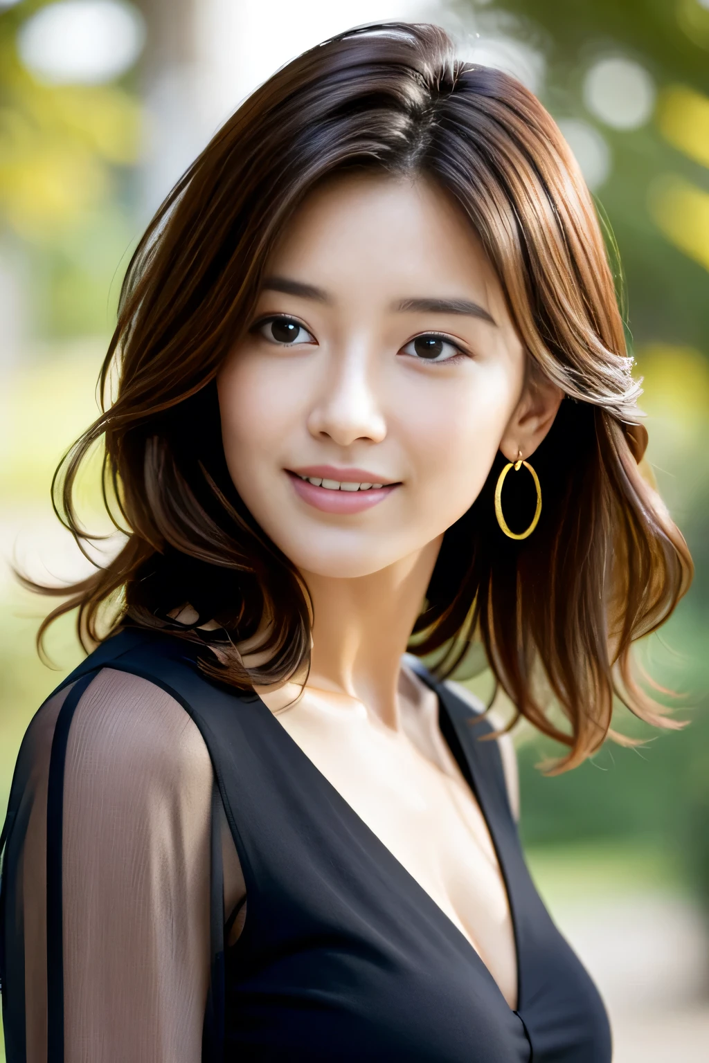 Tabletop, highest quality, Realistic, Very detailed, finely, High resolution, 8k wallpaper, One beautiful woman,, Light brown messy hair, He is wearing a black see-through open-necked shirt.。....., Sharp focus, Perfect dynamic composition, Beautiful and detailed, Thinning hair, Detailed Realistic skin texture, smile, Close-up portrait, Model Body Type、president'secretary、mini skirt、High heels、