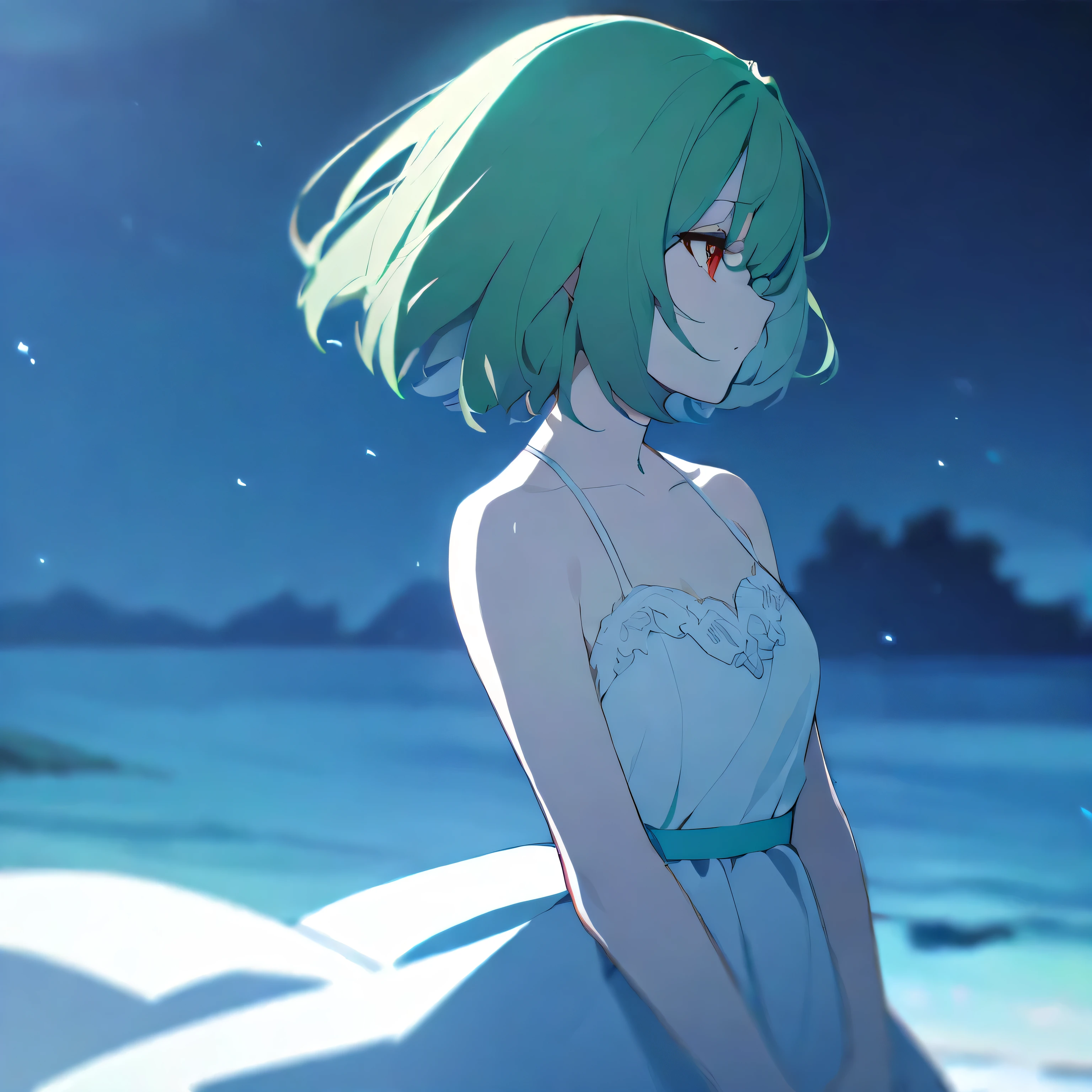 One girl, Green Hair, Red eyes, dress, short hair, (alone:1.3),  