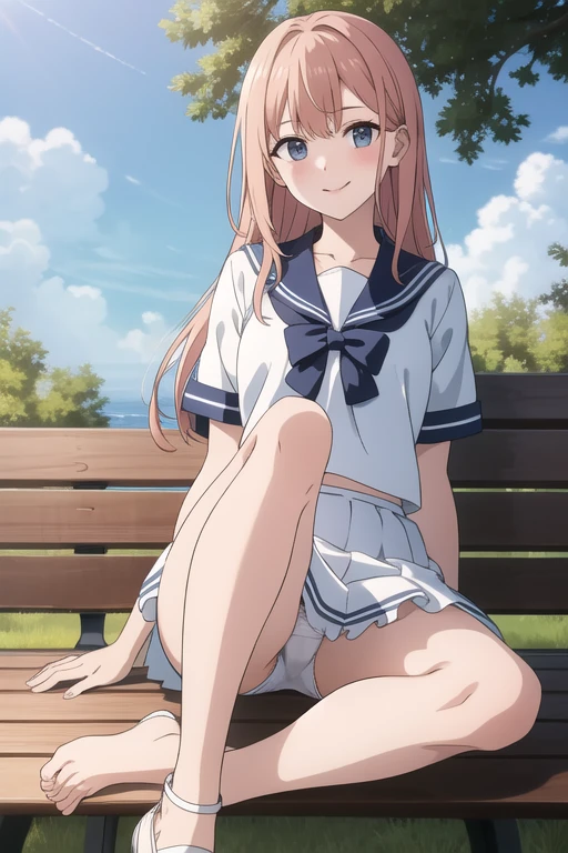 highest quality、Super Resolution、8K,(masterpiece:1.3), (Absurd:1.3), (highest quality:1.3), (Very detailed:1.3), One girl, View your viewers, smile, Outdoor,Photographed from the perspective of looking up at her feet, Summer sailor uniform,ailor collar,、Sit on a bench、She spreads her legs、Show panties shyly、She shows off her white frilly panties to the viewers.、