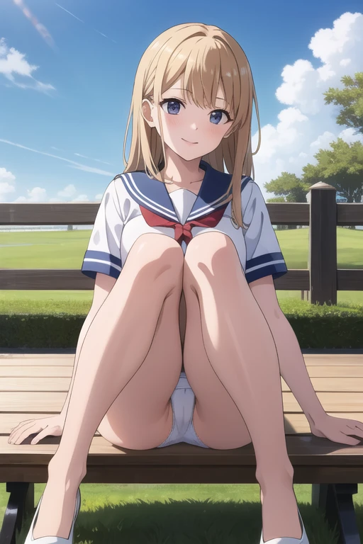 highest quality、Super Resolution、8K,(masterpiece:1.3), (Absurd:1.3), (highest quality:1.3), (Very detailed:1.3), One girl, View your viewers, smile, Outdoor,Photographed from the perspective of looking up at her feet, Summer sailor uniform,ailor collar,、Sit on a bench、She spreads her legs、Show panties shyly、She shows off her white frilly panties to the viewers.、