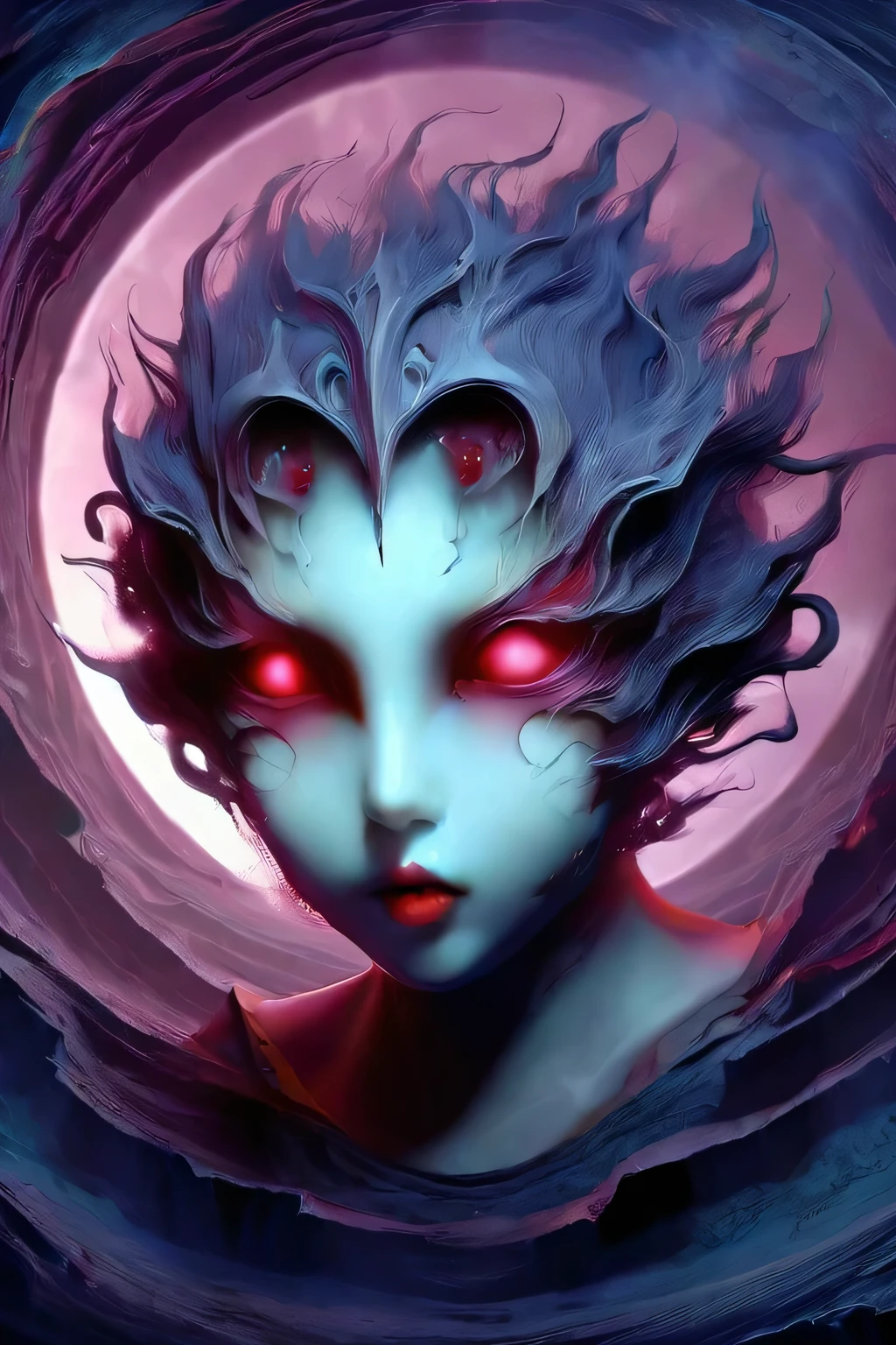 fantasy art 8k,masterpiece
pmmkr2024, magic, anime, cartoon, creature, best quality, trending on artstation,baby girl being born from the abyss of the shadows of the void,human face,two ghoulish nurses,souls I watch the birth of the baby,red moon