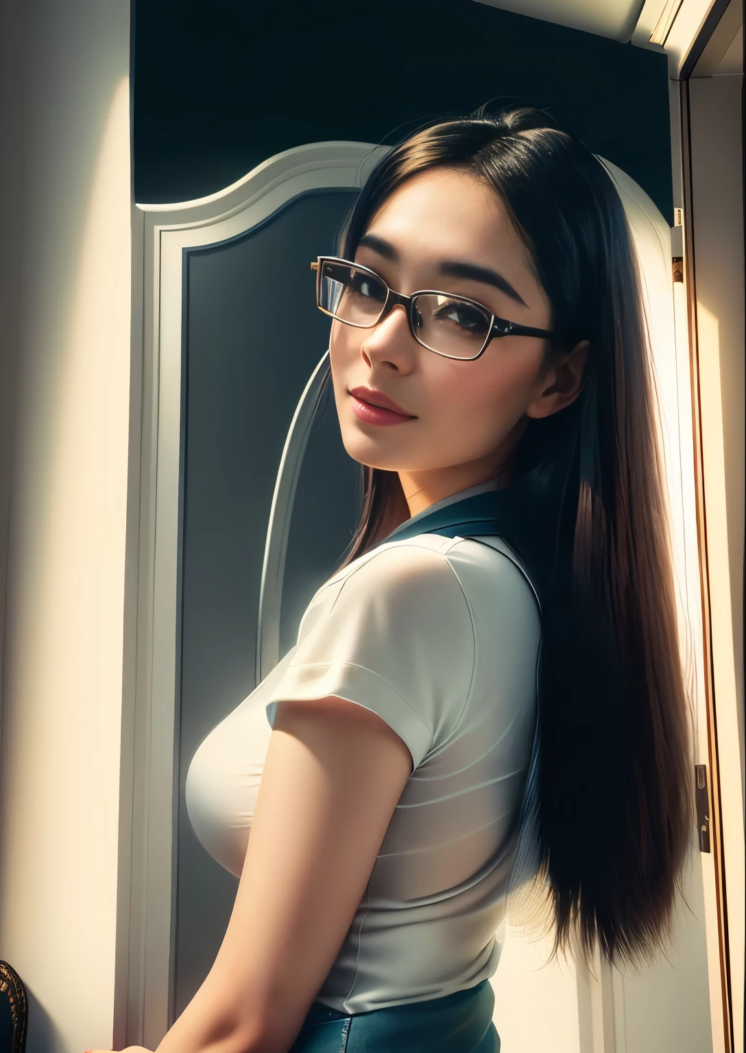 there is a woman with glasses posing for a picture in a room, with glasses, 2 7 years old, 2 8 years old, 2 9 years old, 3 2 years old, 30 years old woman, 2 3 years old, 3 0 years old woman, wearing thin large round glasses, with glasses on, 2 2 years old, spectacled