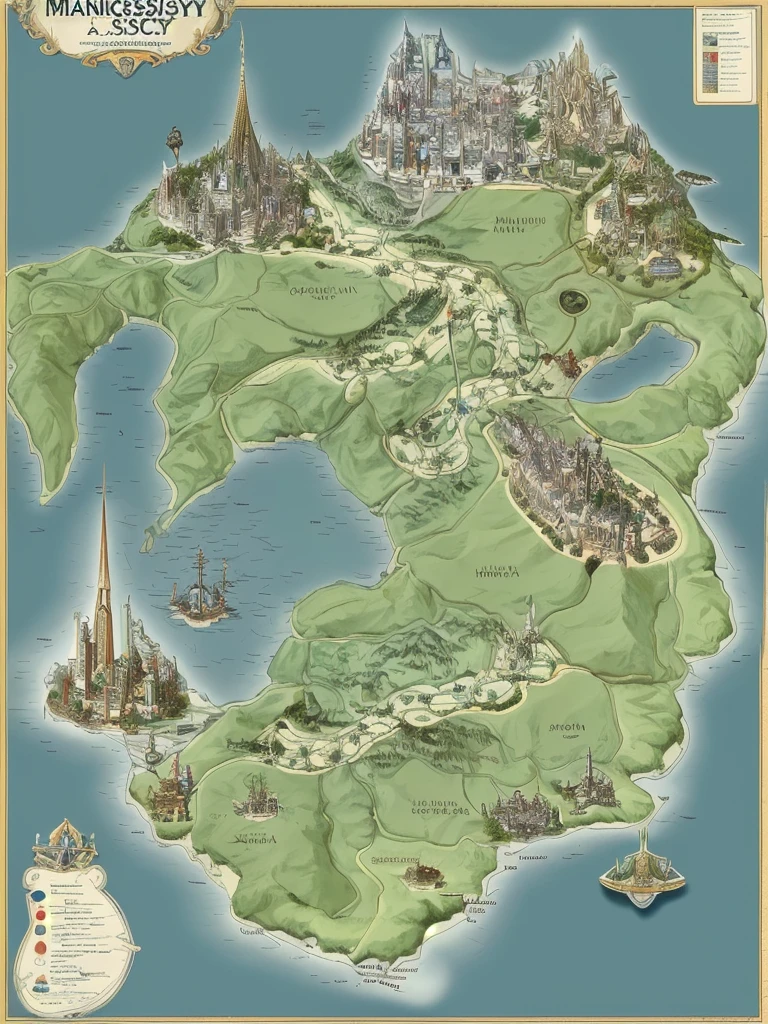 Map of a utopian society with 5 main cities, grande, technological and with nature, actual, and monarchical