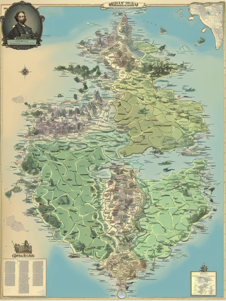 Map of a utopian society with 5 main cities, grande, technological and with nature, actual, and monarchical