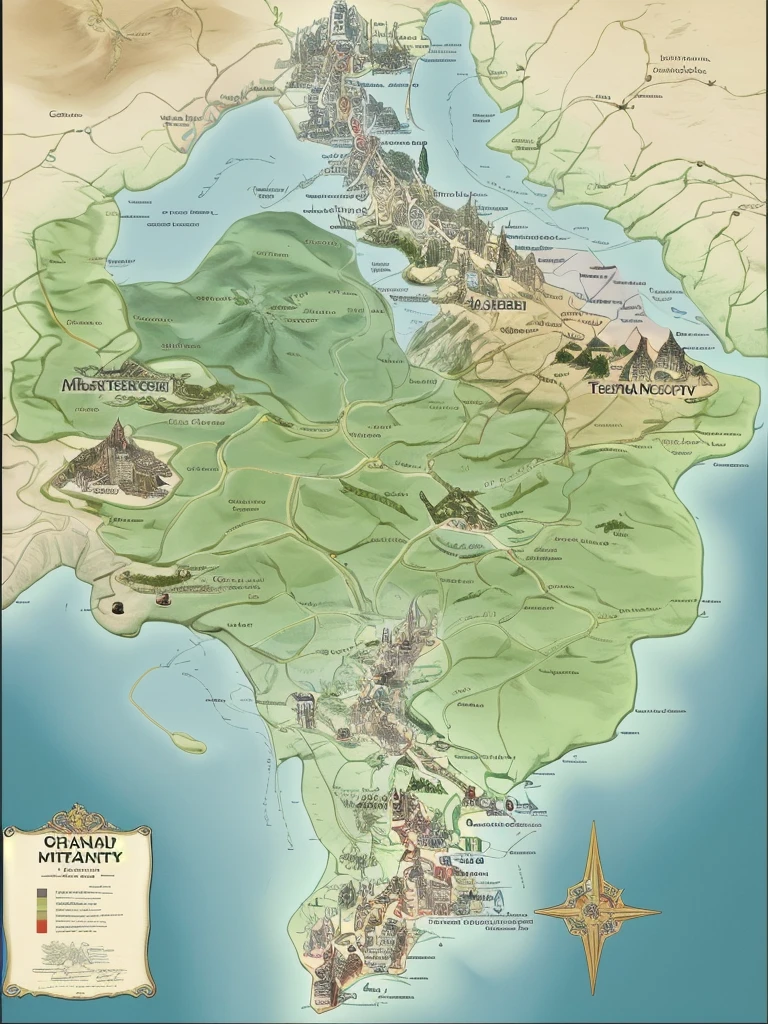 Map of a utopian society with 5 main cities, grande, technological and with nature, actual, and monarchical