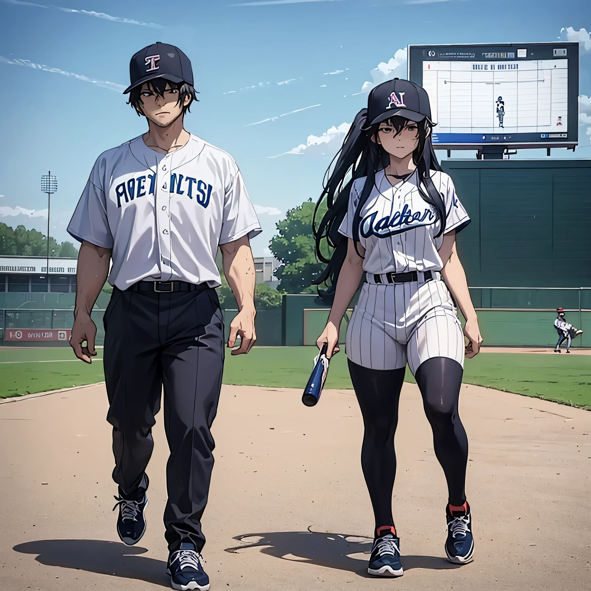 a man together with his wife, wearing traditional baseball uniform, sports shoes, baseball hat, walking on the baseball field during the day, concept everywhere, big TV in the background,full body, muscular, serious face, very detailed, masterpiece, ultra defined, ultra resolution.
