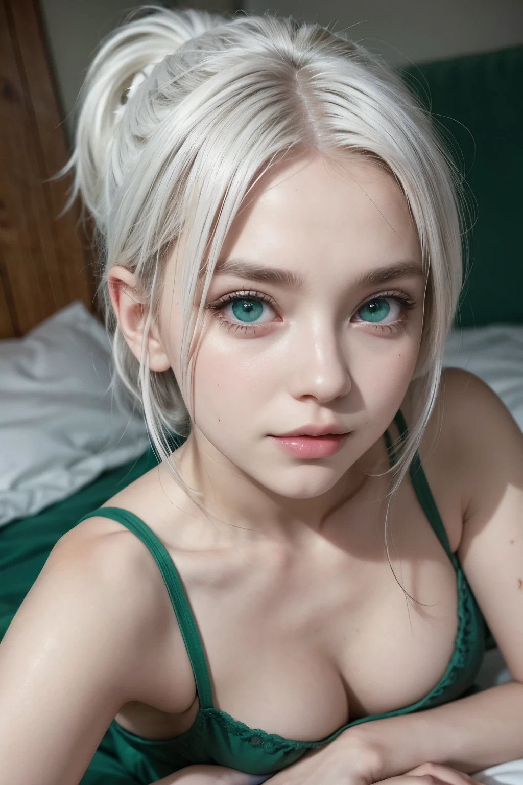 Hot girl, white hair, green eyes, in the bead lying on the bed