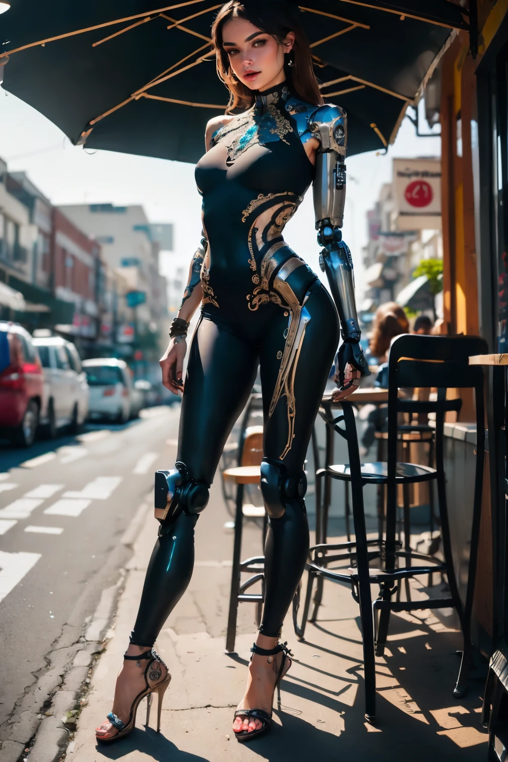 Woman-robot sitting at a table in a sidewalk cafe, best quality, high quality, absurdres, masterpiece, beautiful, intricate details, 1/2 body crop, slim body, beautiful figure, magnificent anatomy, (intricate details:1.12), HDR, (intricate details, hyper-detailing:1.15), (natural skin textures, hyper realisitc, soft light, Sharp:1.2)
