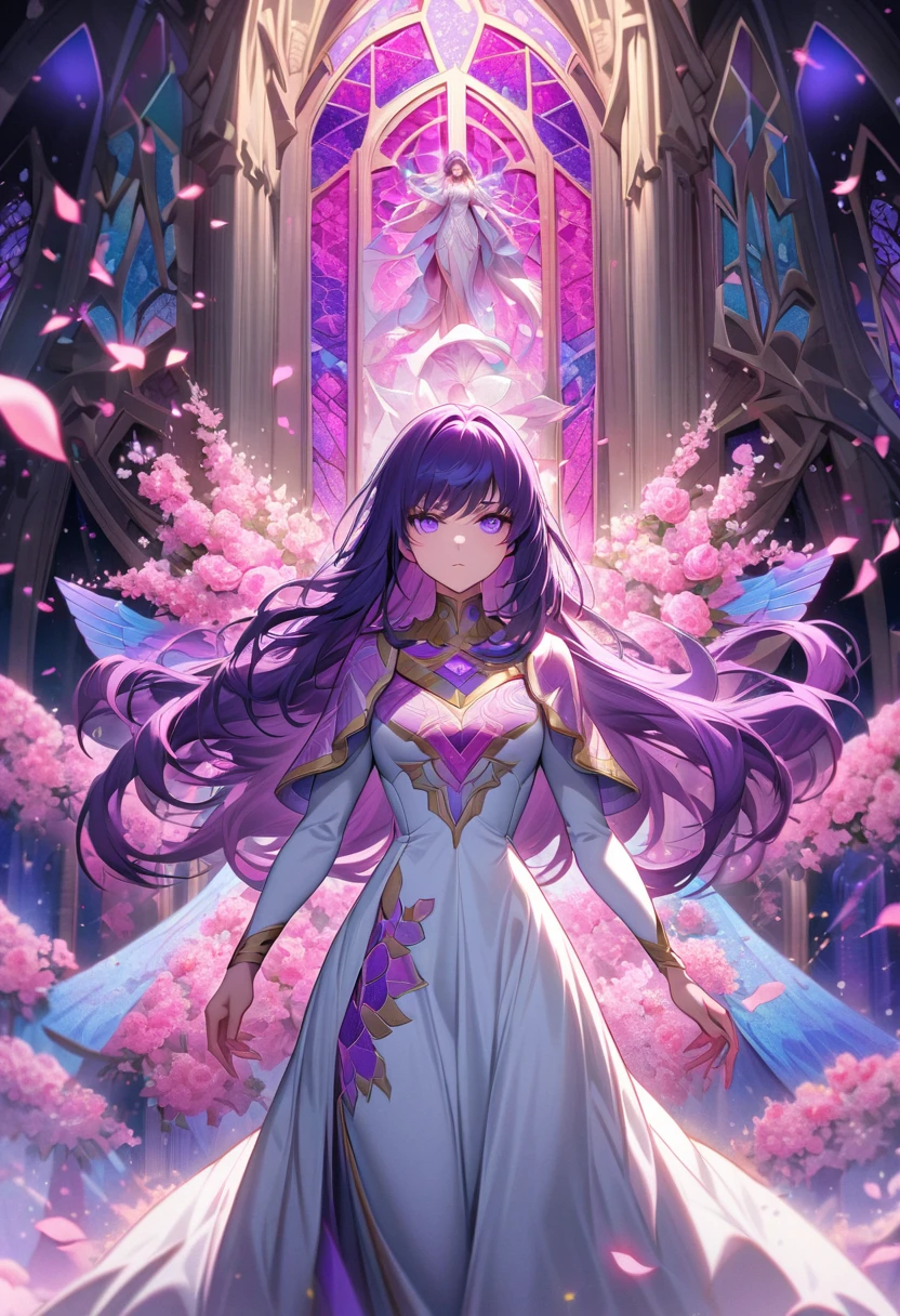 Ultra detailed, Highres, absurdres, HDR, Athena, purple long hair, expressive purple eyes, Saint Seiya, Saori Kido, pink stained glass, pink flowers, petals, extremely beautiful, woman, perfect face, solo, very detailed eyes and face, pink glass, glittering, extremely pretty, white long dress with patterns, neckle,