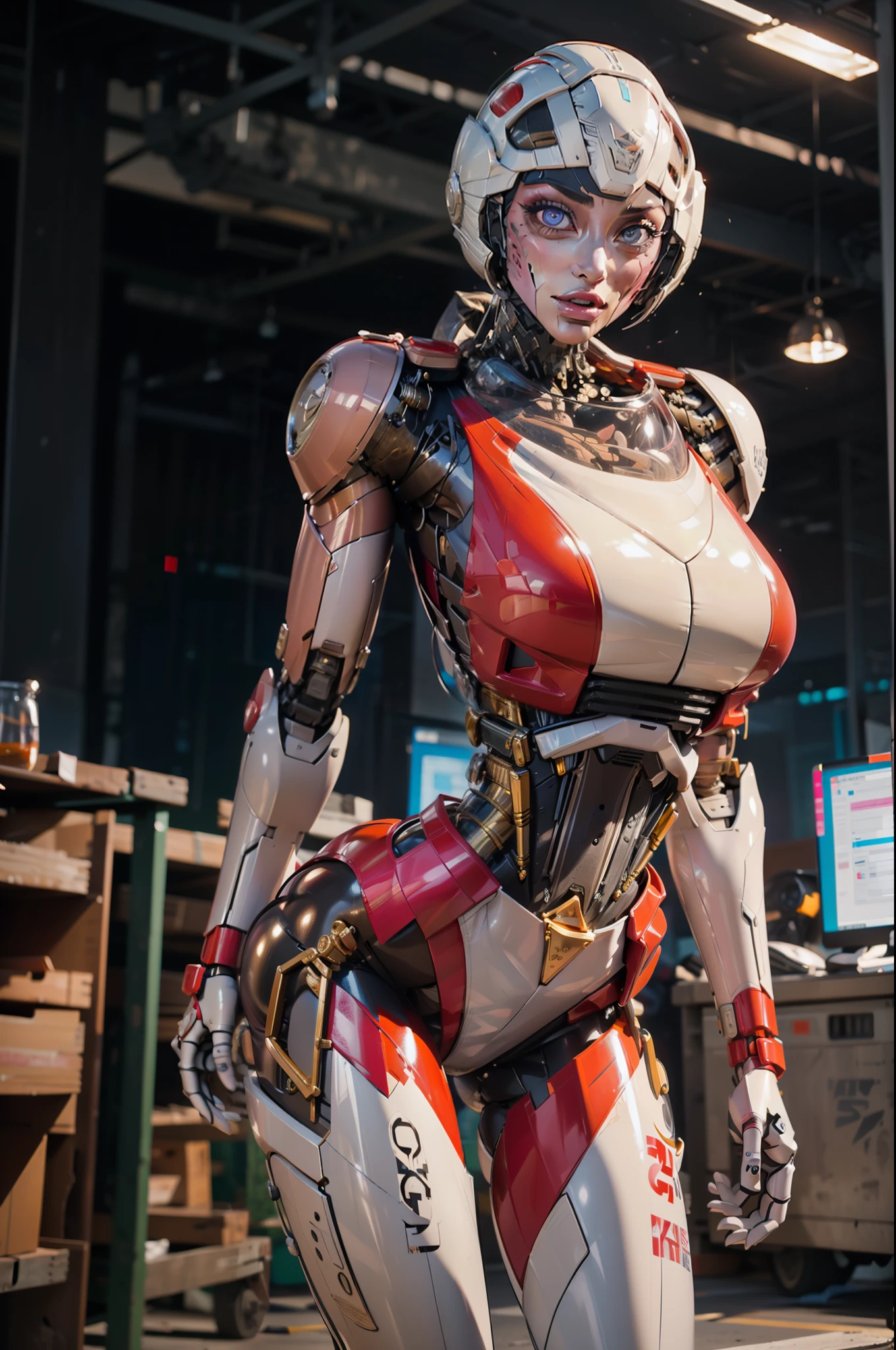 (Arcee), Arafed Woman in a futuristic suit posing for a photo, in white futuristic armor, girl in mecha cyber armor, (helmet covers forehead), full lips, (pink and white color scheme), large shoulders, large fit ass, Unreal Engine Render + a Goddess, Porcelain Cyborg Armor, Shiny White Armor, (pink and white aesthetic), (gigantic round breasts), slim waist, cybernetic abs, gynoid cyborg body, Beautiful and attractive female cyborg, Beautiful female cyborg, Beautiful white girl cyborg, With futuristic armor, Perfect female cyborg, (image from behind:1.0), (emphasis on butt:1.0), hemispherical ass cheeks, gynoid cyborg sex doll hybrid, bending at waist 30 degrees from vertical, nude robot appearance