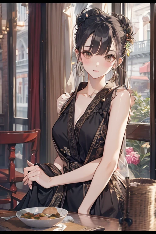 highest quality, High resolution,thin、Brown eyes、expensive、Black Hair、(amount:1.3),Hair Bun、Cafe、(Black sleeveless:1.3)、Silver earrings、Shyness