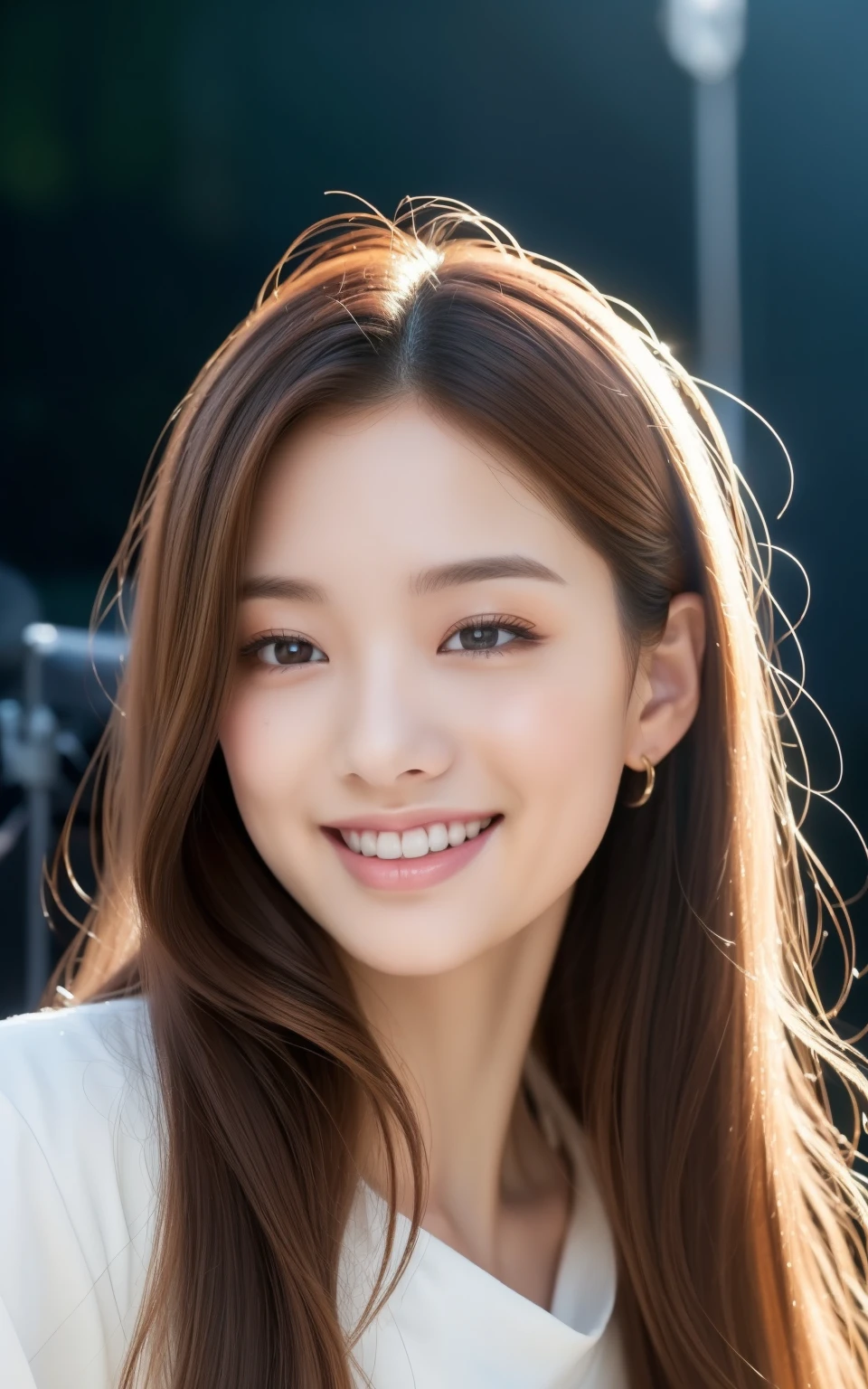 ((top-quality、in 8K、masterpiece:1.3、超A high resolution))、(Clear focus:1.4)、A Japanese Lady、cute little、1 persons、full body Esbian、(Twisting the body:1.1)、light skinned、((dark brown hair))、long、Holding an umbrella、(Detailed fabrics、Detailed fabrics、leather jackets:1.5、Skinny Jeans)、Super fine face、hyperdetailed face、A detailed face、A detailed eye、Narrow-eyed、Moisturized eyes、double eyelid、Natural Skin、Reddish cheeks、Detailed skin、Sweating、Lustrous skin、glowy skin、Shine skin、Shaded skin、glowy skin、Wearing makeup、Detailed lips、ruddy lips、Laughing、Break HA、(Colossal tits:1.1)、Beautiful leg line、looking in camera、BREAK、(Detailed background:1.1、Outdoor Concerts:1.8)、Natural lighting