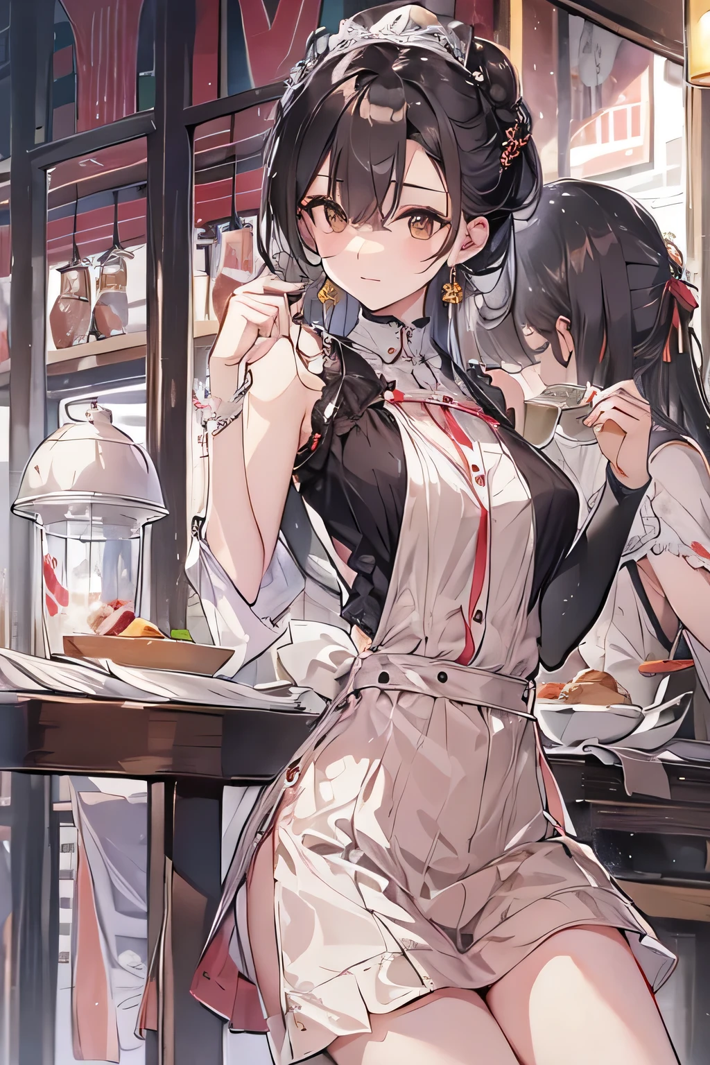 highest quality, High resolution,thin、Brown eyes、expensive、Black Hair、（amount:1.3),Hair Bun、Cafe、(Black sleeveless:1.3)、Silver earrings、Shyness