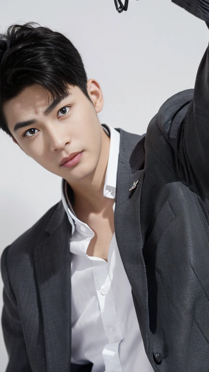 Atmospheric Boy,In one pocket is a school bag, gray clothes, textured skin, looking at camera busts, photos, realistic photos of black hair, high-quality picture effects