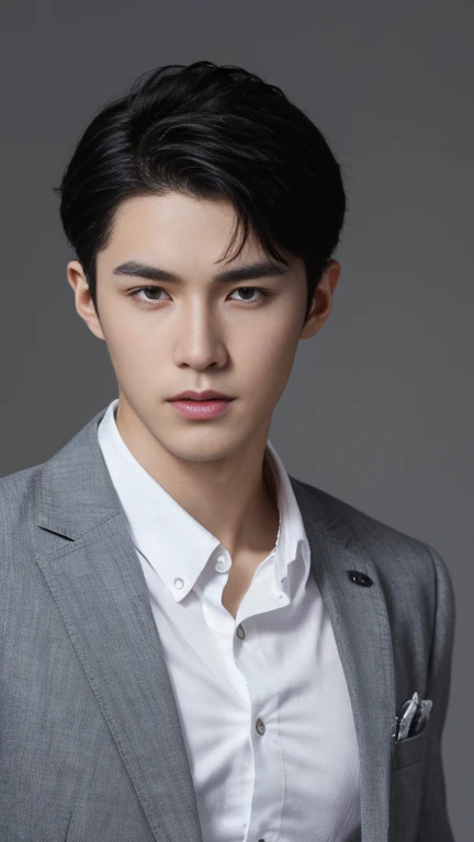Atmospheric Boy,In one pocket is a school bag, gray clothes, textured skin, looking at camera busts, photos, realistic photos of black hair, high-quality picture effects