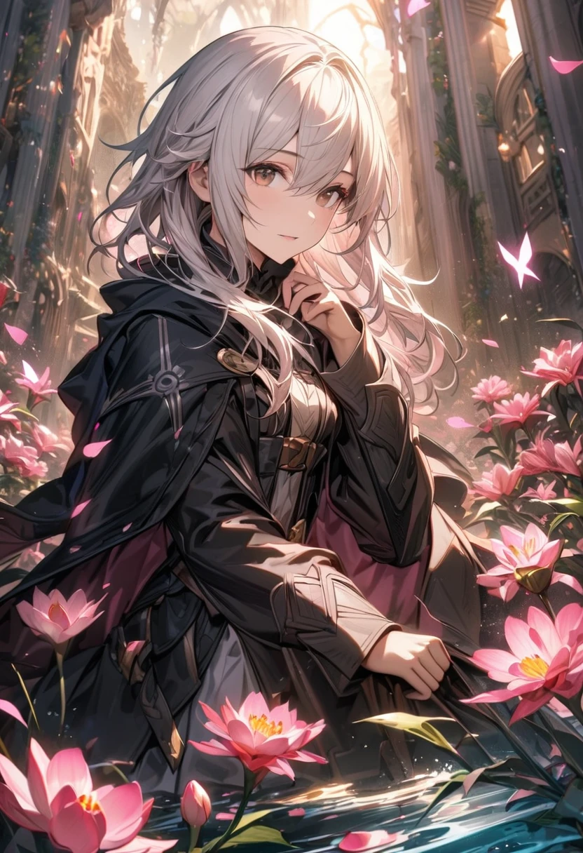 absurdres, highres, ultra detailed, HDR, master piece, best quality, Robin, white hair, expressive brown eyes, Fire Emblem Awakening, solo, girl, extremely beautiful, pretty, black coat, pink shining butterflies, pink lilies, pink petals, water