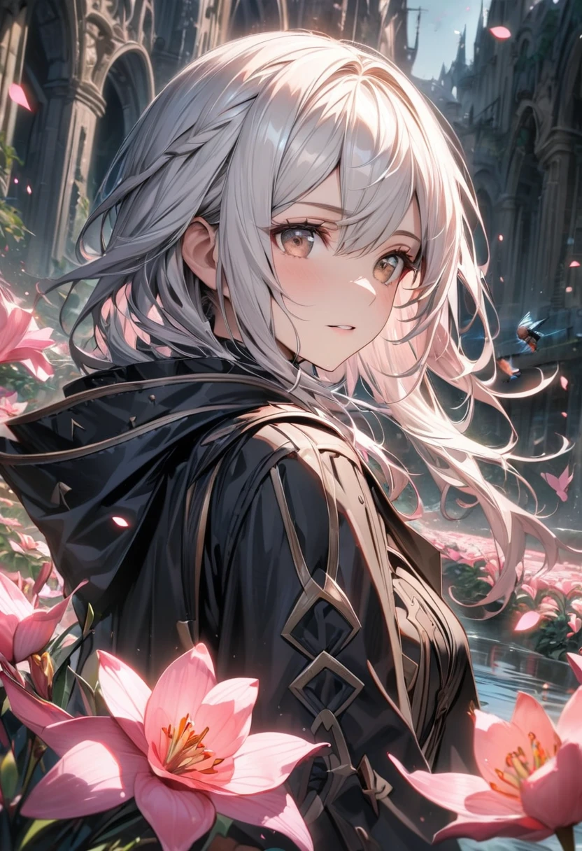 absurdres, highres, ultra detailed, HDR, master piece, best quality, Robin, white hair, expressive brown eyes, Fire Emblem Awakening, solo, girl, extremely beautiful, pretty, black coat, pink shining butterflies, pink lilies, pink petals, water