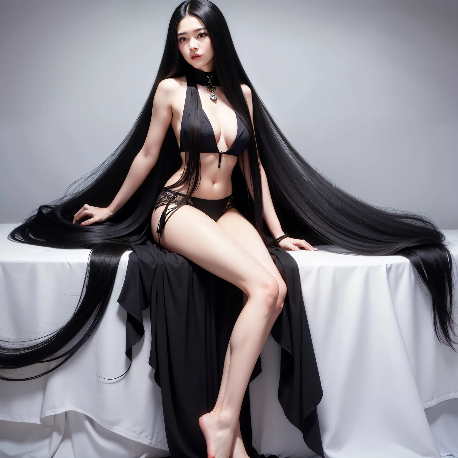 (Best image quality、highest quality、Highest Resolution、Ultra-realistic photos、Full body photo、masterpiece、)1 girl、Amazingly long black hair is super beautiful、hair length about 5 meters、White underwear or naked、Cover your whole body with straight hair、Very beautiful face、Beautifully groomed black hair、Very large amounts of hair、Super long hair that emphasizes a woman's sexiness、Slim figure、Beautiful and shiny hair、Bright lighting、Professional Lighting、World Long Hair Contest Winner、Full body photo、Black hair contest winner、the place is a bedroom、My hair is reaching the floor and dragging、Full of black hair、She is lying on the bed showing off her long hair.、The bed is full of hair、Long black hair covers the whole body、
