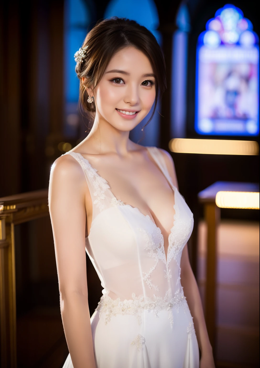 (Highest quality, masterpiece, Photorealistic, Very detailed, Ultra-high resolution, to be born:1.3), 1 Girl, cute, Japanese, smile, bangs, (Big Breasts), See-through leotard, (Playboy Bunny:1.3), See-through, Transbunny, (casino), Underarm, Cowboy Shot, (Wrist cuff), Compensate, Bunny ears,